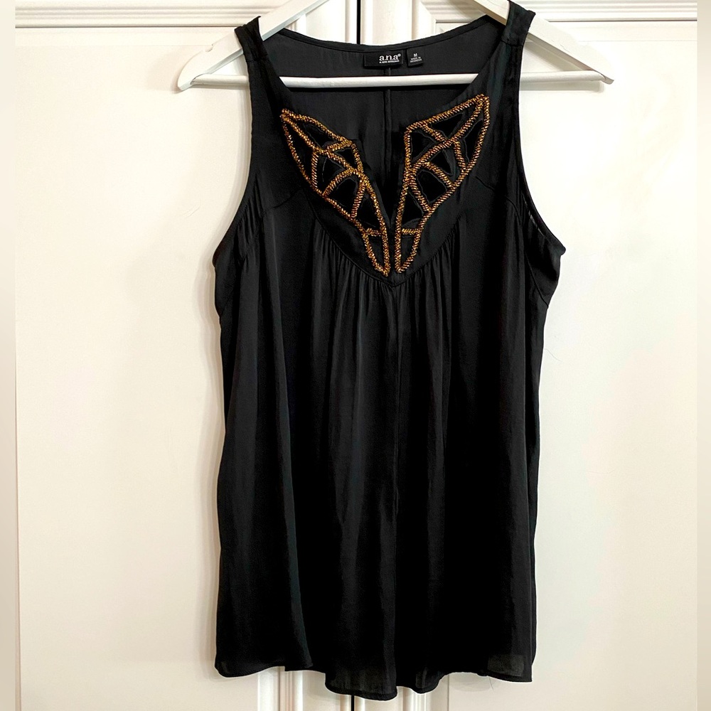 A.N.A Women’s Sz Medium Black Sleeveless Blouse V Neck Bronze Beading Front